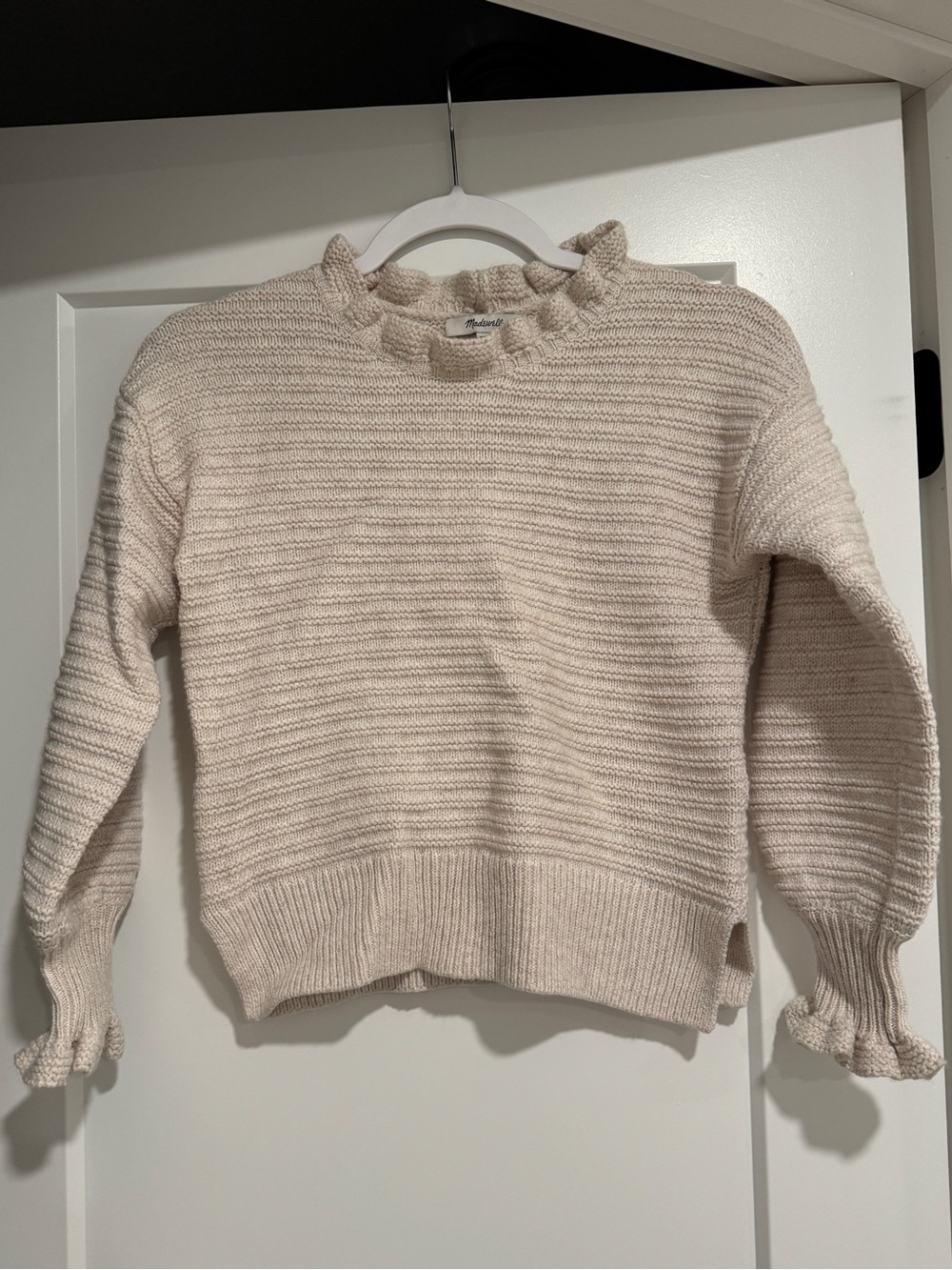 Madewell Cream Ruffle Trim Crewneck Sweater